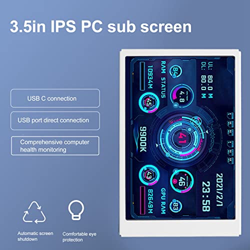 3.5 inch IPS USB Mini Screen, PC Temperature Display for PC AIDA64 Computer Case Secondary Screen, IPS Full View Display Small Screen CPU HDD Data Monitor (White)