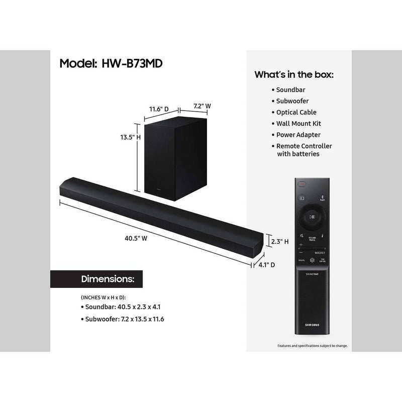 Samsung 5.1ch. DTS Virtual:X Soundbar with Bass Boost and Wireless Sub (HW-B73MD) - Black