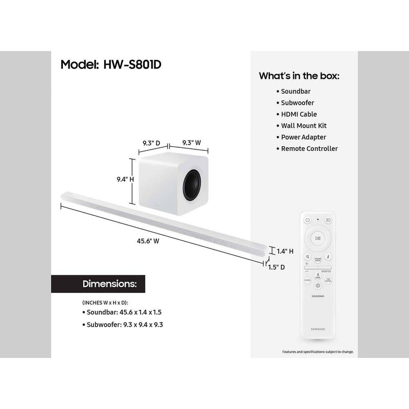 Samsung Ultra-slim 3.1.2ch. Wireless Dolby ATMOS Soundbar with Q-Symphony (HW-S801D)